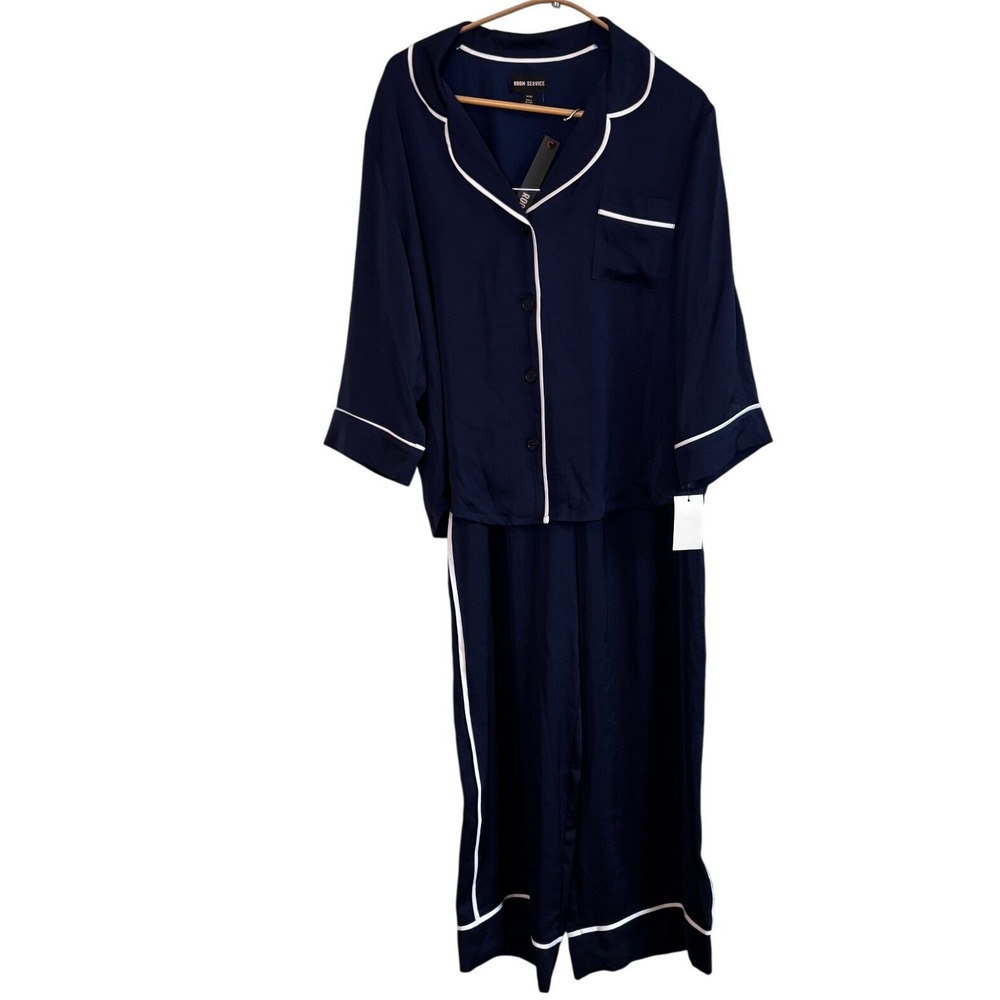 NEW Room Service Satin Pajama Set Navy Blue Medium Contrast Piping Classic